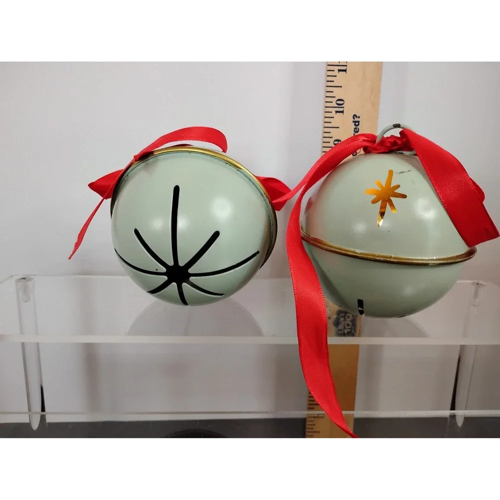 Set of 2 Mint Green Metal Jingle Bell Ornaments with Red Ribbon and Gold Stars